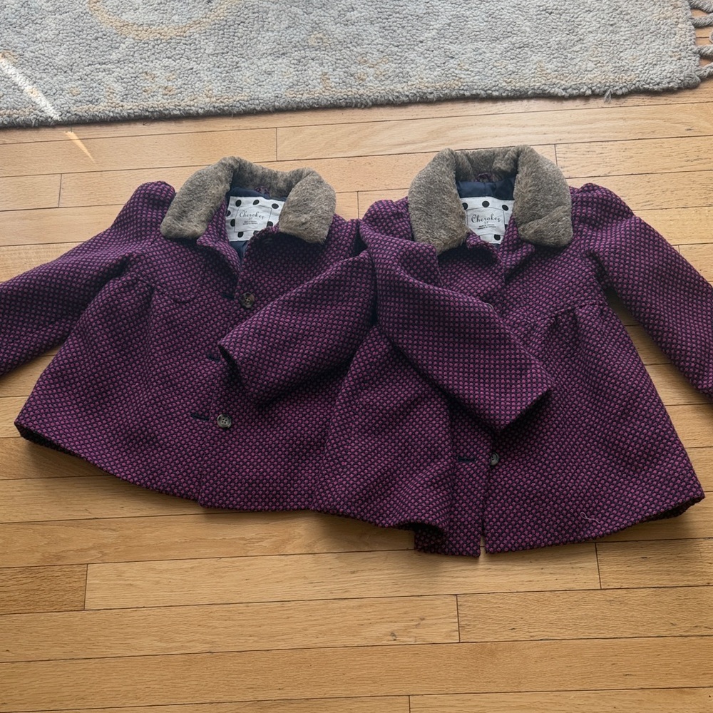 Cherokee Girls Matching  Purple Polka Dot Pea Coat with faux fur Collar